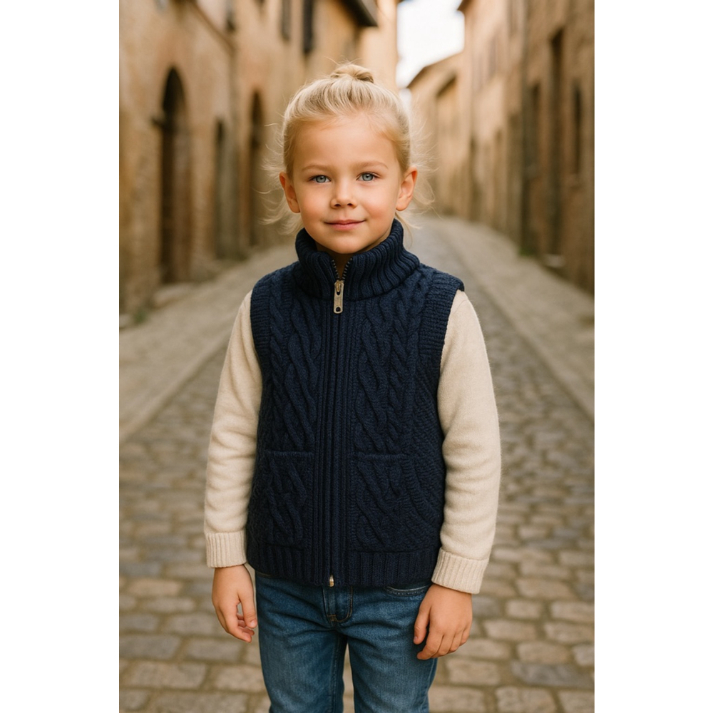 Blarney Woollen Mills 100% Merino Wool Cable Knit Vest Navy Heritage Coastal Ivy